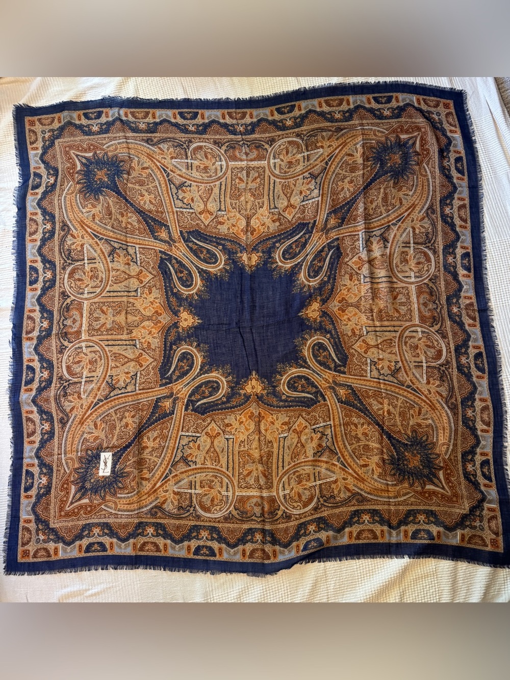 Yves Saint Laurent Navy & Brown Ornate Paisley Silk-Blend Square Scarf 53” - Picture 3 of 7